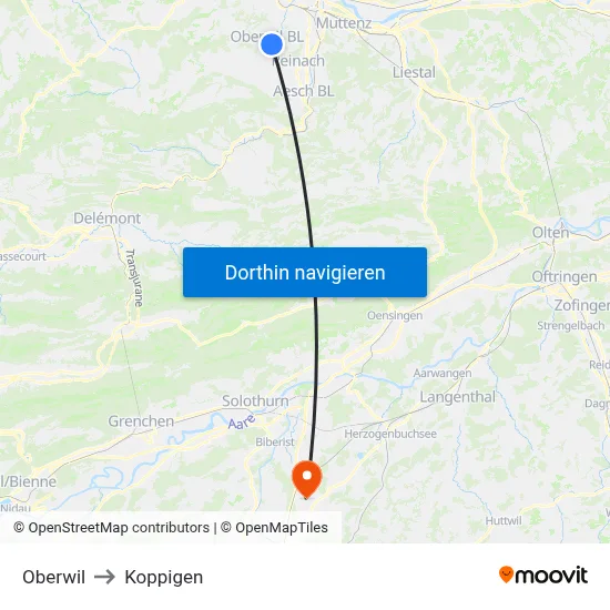 Oberwil to Koppigen map
