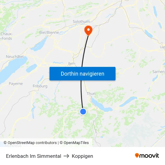 Erlenbach Im Simmental to Koppigen map
