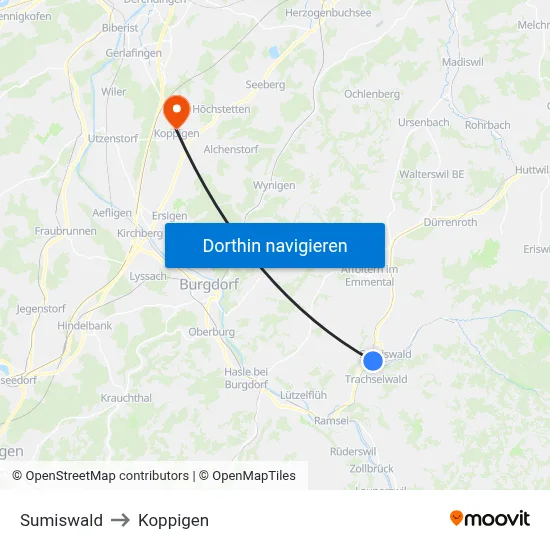 Sumiswald to Koppigen map