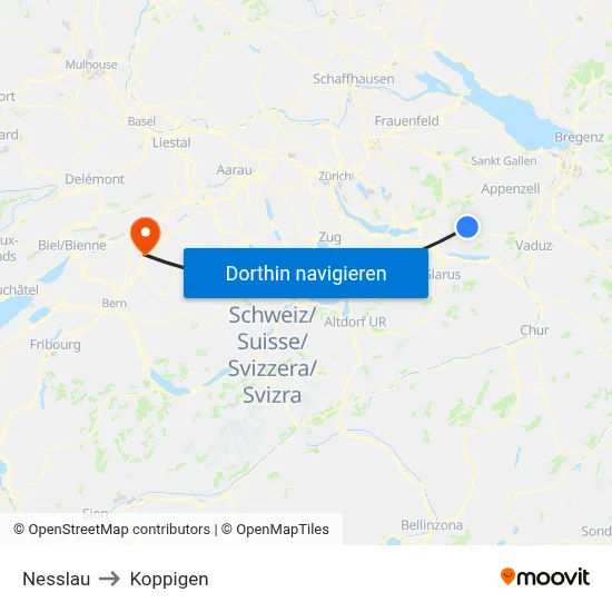 Nesslau to Koppigen map