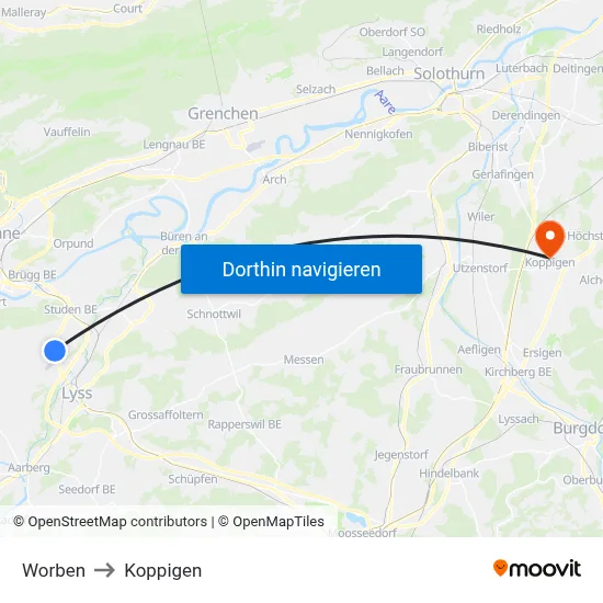 Worben to Koppigen map
