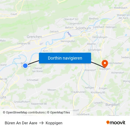 Büren An Der Aare to Koppigen map