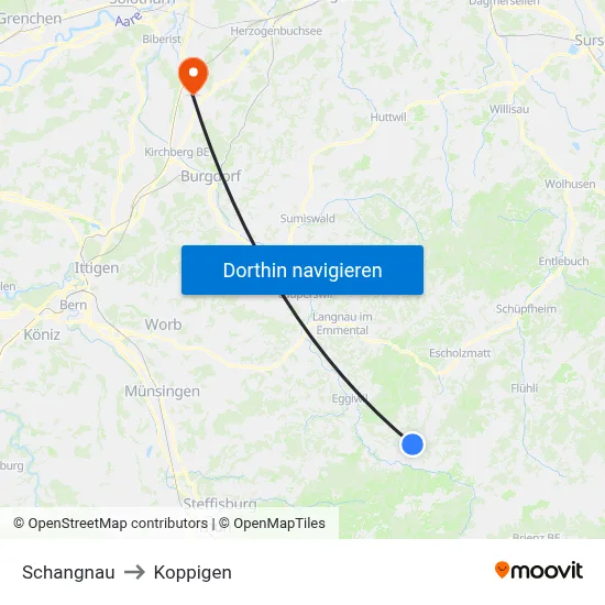 Schangnau to Koppigen map