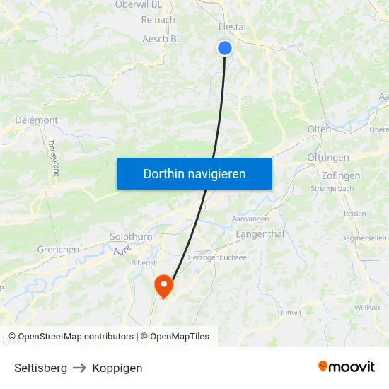 Seltisberg to Koppigen map