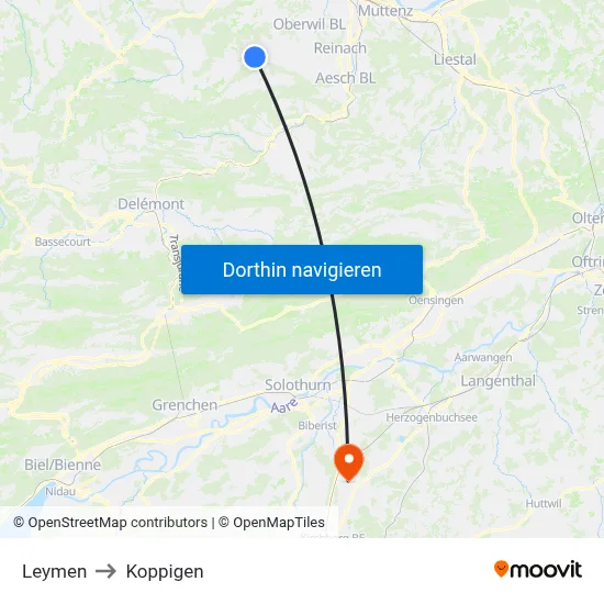 Leymen to Koppigen map