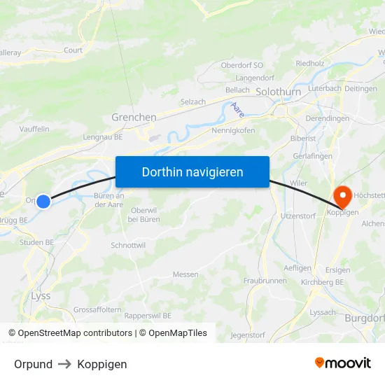 Orpund to Koppigen map