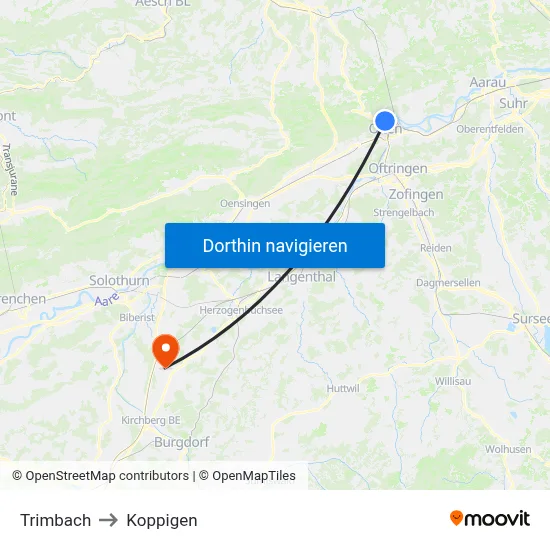 Trimbach to Koppigen map
