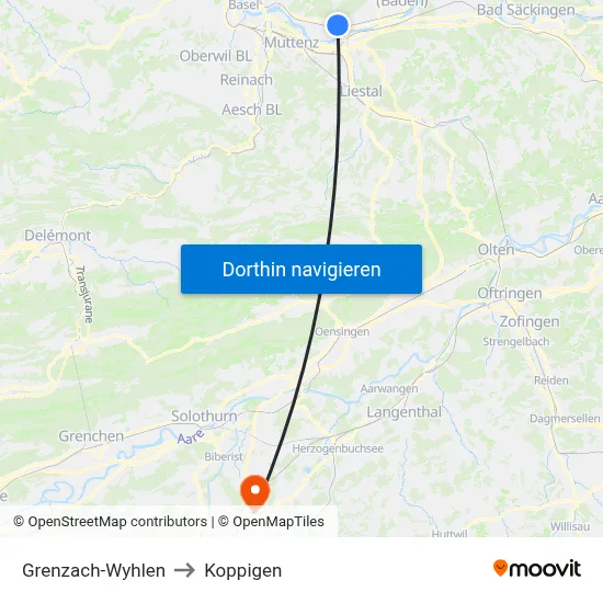 Grenzach-Wyhlen to Koppigen map