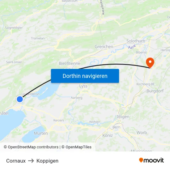 Cornaux to Koppigen map