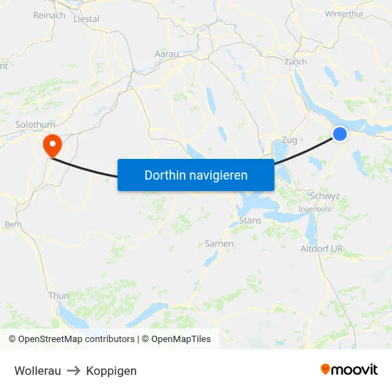 Wollerau to Koppigen map