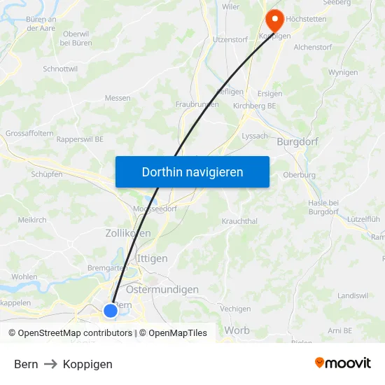 Bern to Koppigen map