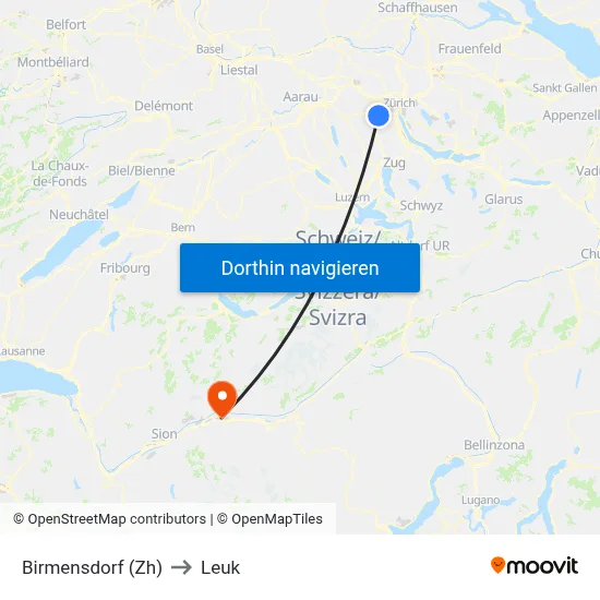 Birmensdorf (Zh) to Leuk map