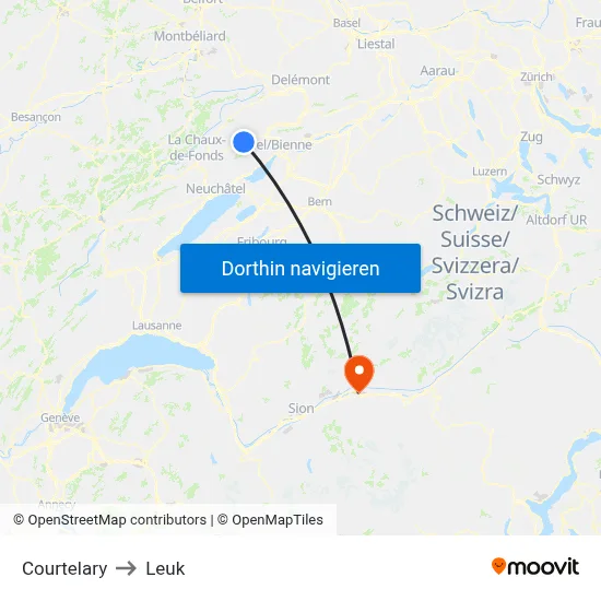 Courtelary to Leuk map