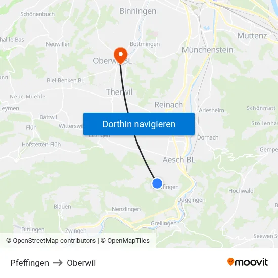 Pfeffingen to Oberwil map
