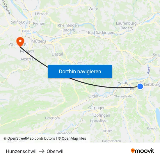 Hunzenschwil to Oberwil map