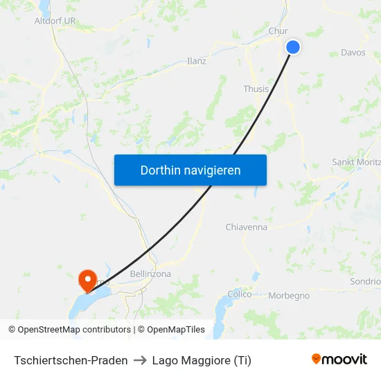Tschiertschen-Praden to Lago Maggiore (Ti) map