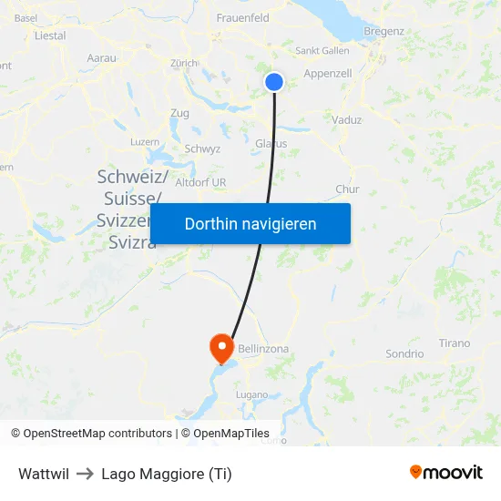 Wattwil to Lago Maggiore (Ti) map