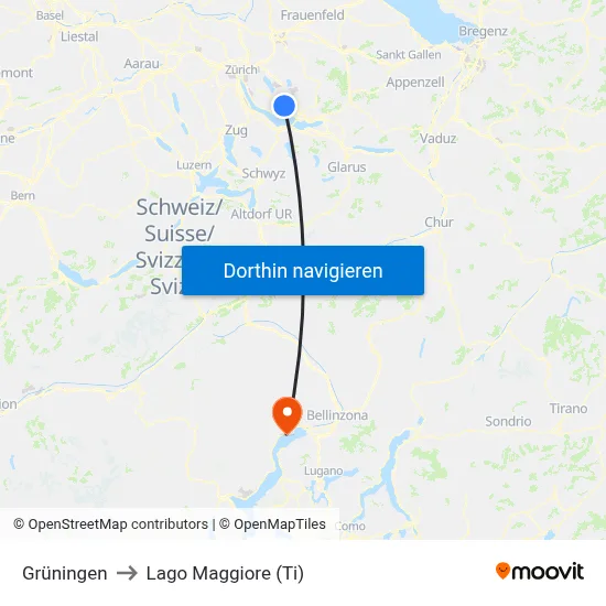 Grüningen to Lago Maggiore (Ti) map