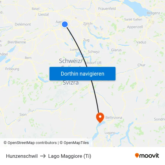 Hunzenschwil to Lago Maggiore (Ti) map