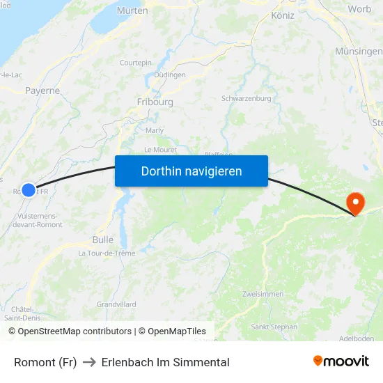 Romont (Fr) to Erlenbach Im Simmental map