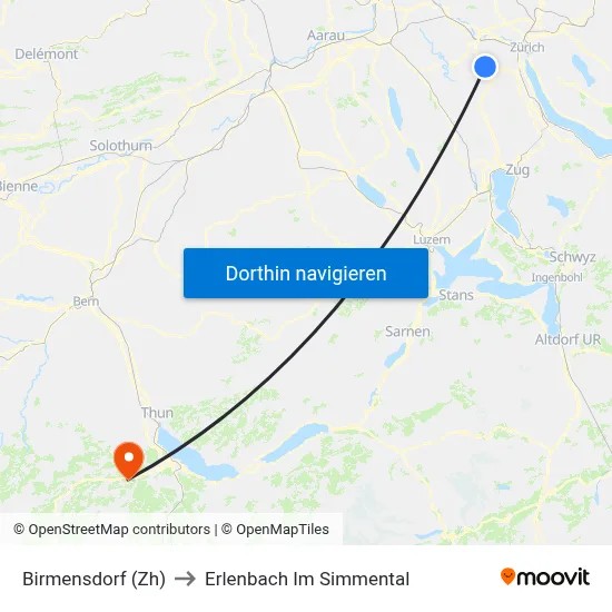 Birmensdorf (Zh) to Erlenbach Im Simmental map