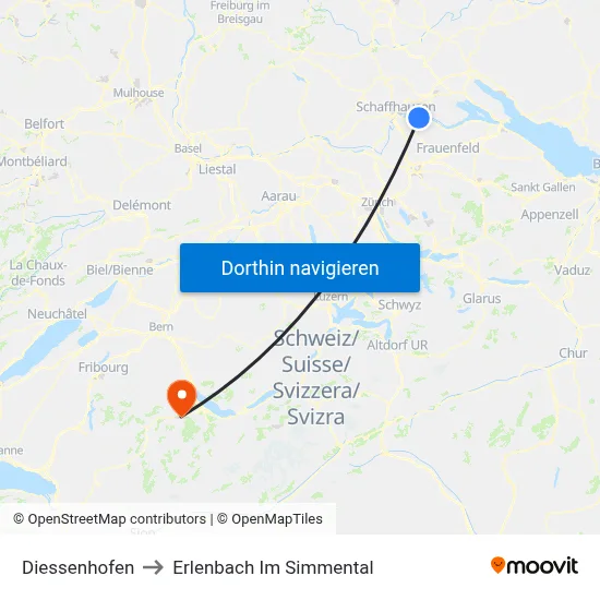 Diessenhofen to Erlenbach Im Simmental map