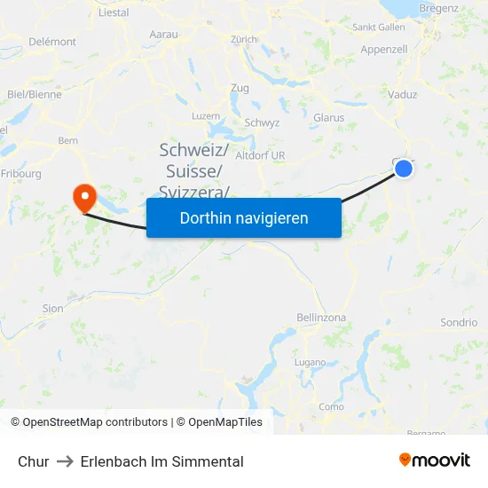 Chur to Erlenbach Im Simmental map