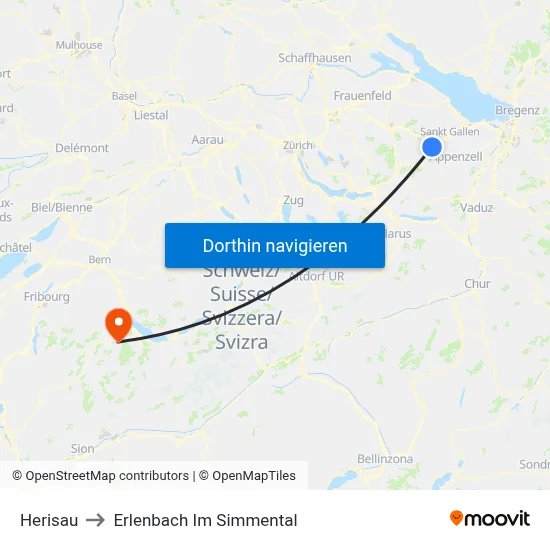 Herisau to Erlenbach Im Simmental map