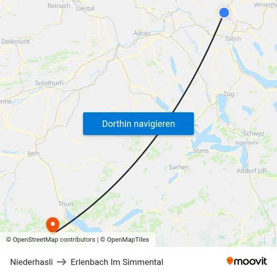 Niederhasli to Erlenbach Im Simmental map