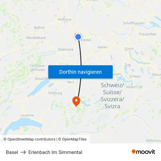Basel to Erlenbach Im Simmental map