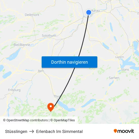 Stüsslingen to Erlenbach Im Simmental map