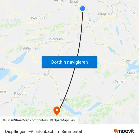 Diepflingen to Erlenbach Im Simmental map