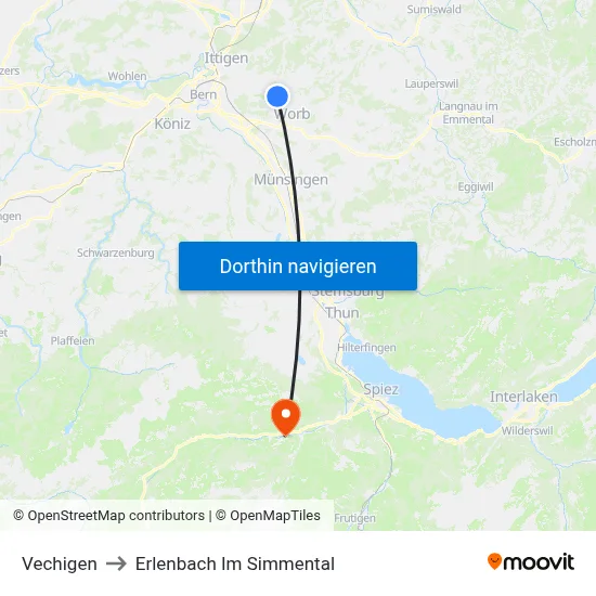 Vechigen to Erlenbach Im Simmental map