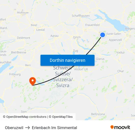 Oberuzwil to Erlenbach Im Simmental map