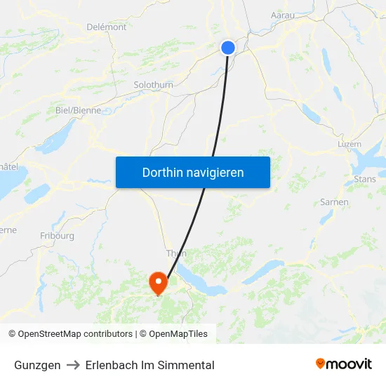 Gunzgen to Erlenbach Im Simmental map