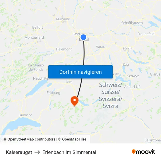 Kaiseraugst to Erlenbach Im Simmental map