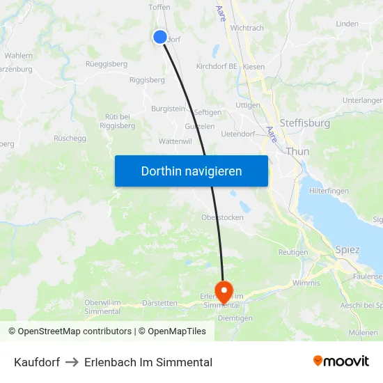 Kaufdorf to Erlenbach Im Simmental map