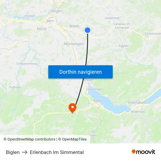 Biglen to Erlenbach Im Simmental map