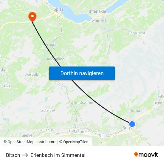 Bitsch to Erlenbach Im Simmental map