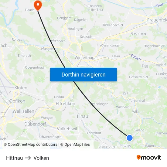 Hittnau to Volken map