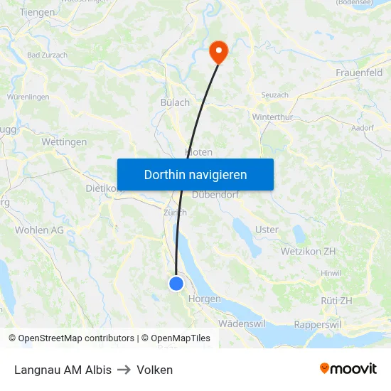 Langnau AM Albis to Volken map