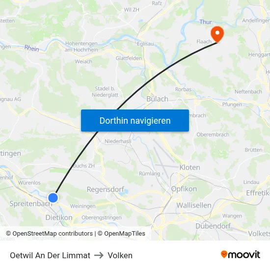 Oetwil An Der Limmat to Volken map