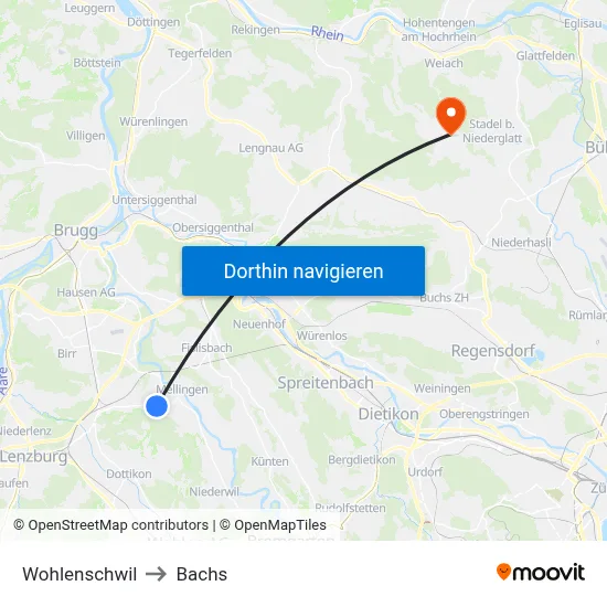 Wohlenschwil to Bachs map
