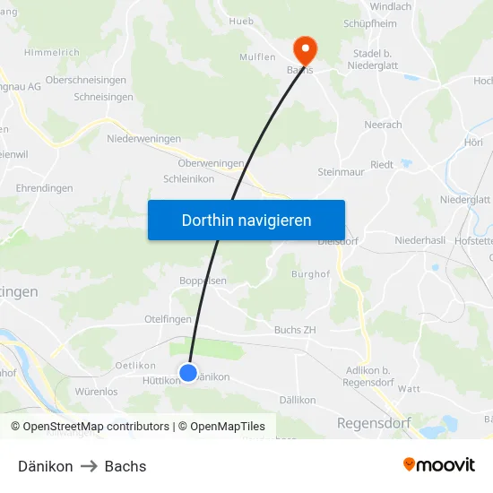 Dänikon to Bachs map