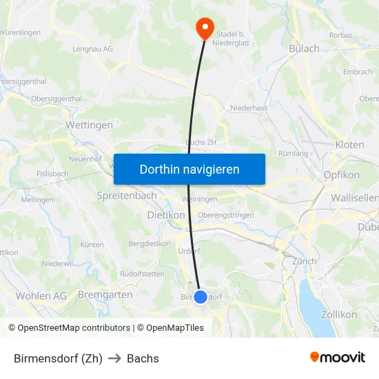 Birmensdorf (Zh) to Bachs map