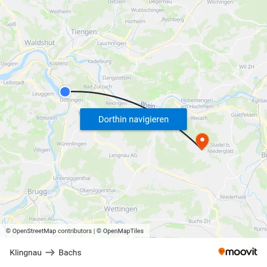Klingnau to Bachs map