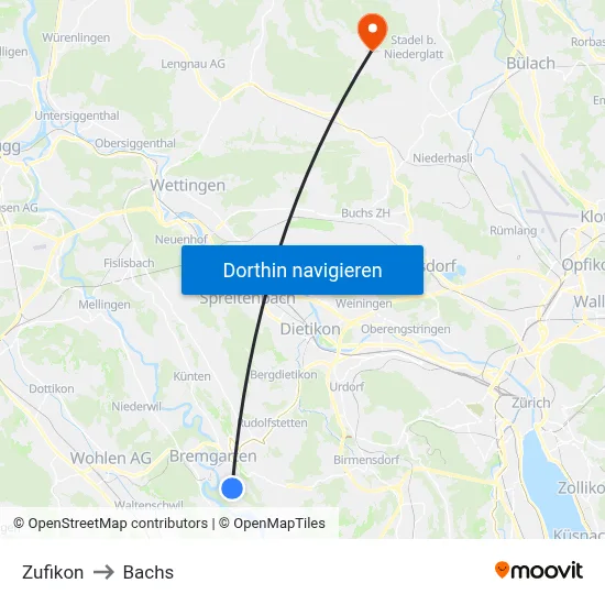 Zufikon to Bachs map