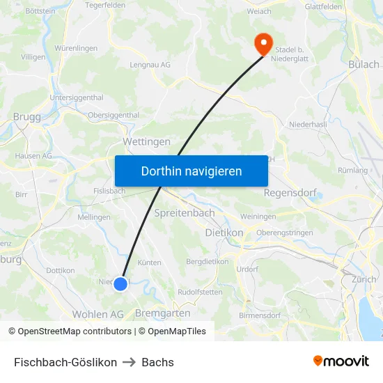 Fischbach-Göslikon to Bachs map