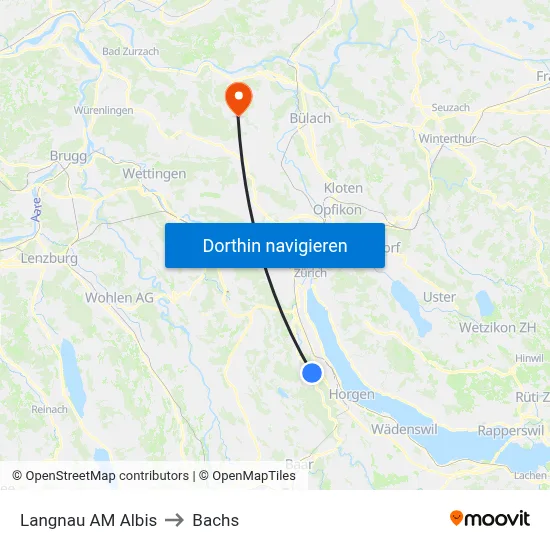 Langnau AM Albis to Bachs map