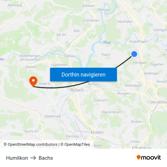 Humlikon to Bachs map